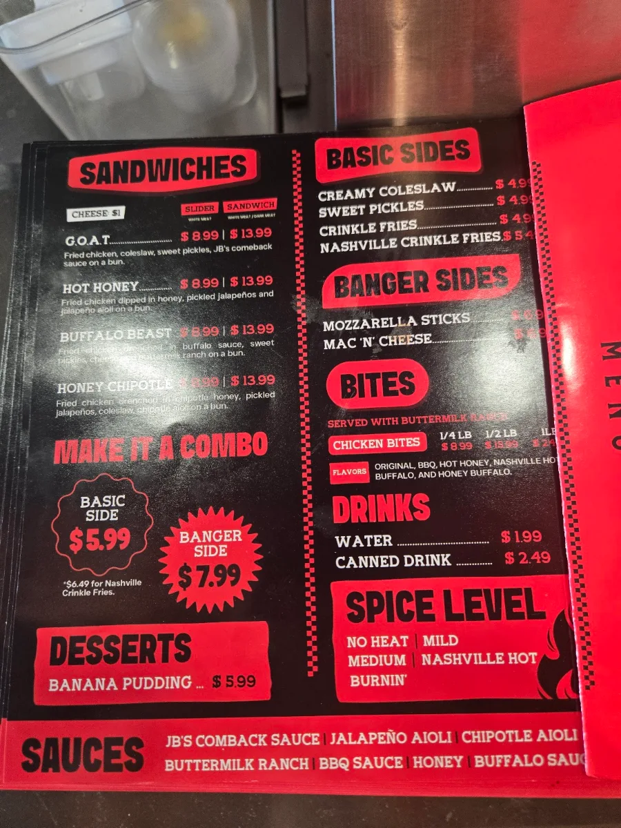 Menu, Juicy Birds Nashville Hot Chicken