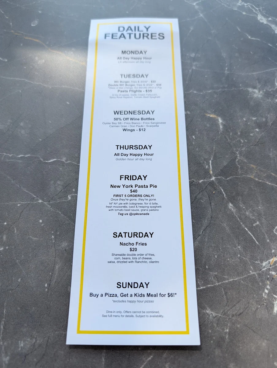Menu, California Pizza Kitchen