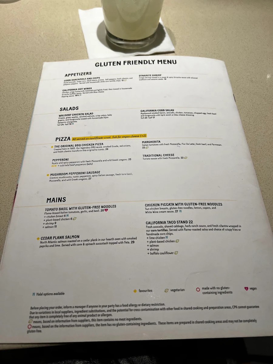 Menu, California Pizza Kitchen