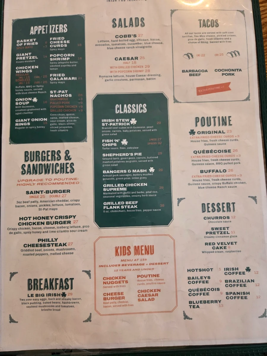 Menu, Pub St-Patrick