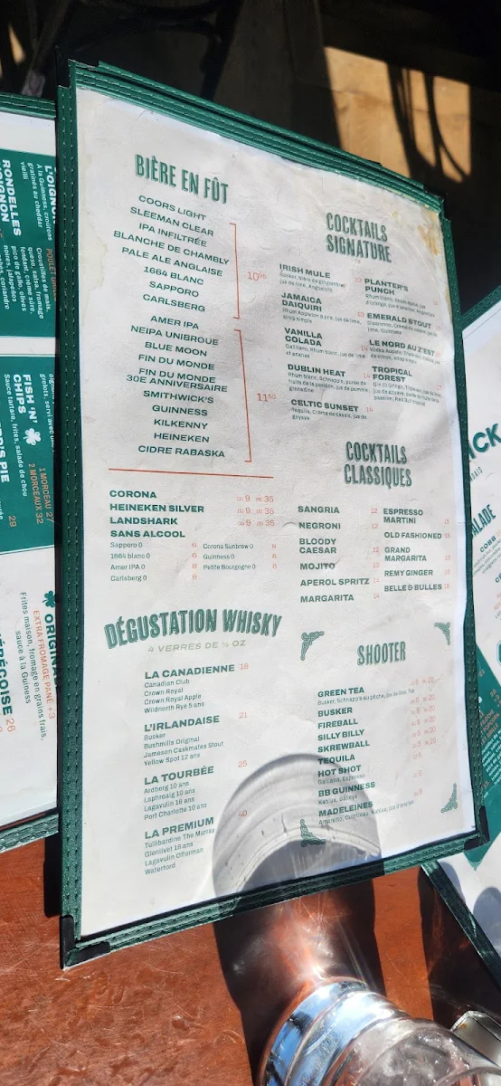 Menu, Pub St-Patrick