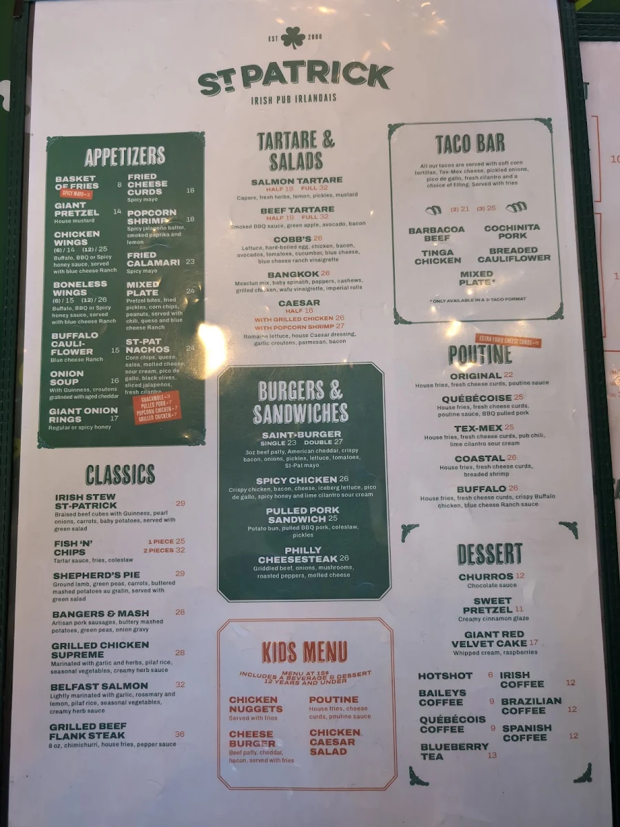 Menu, Pub St-Patrick