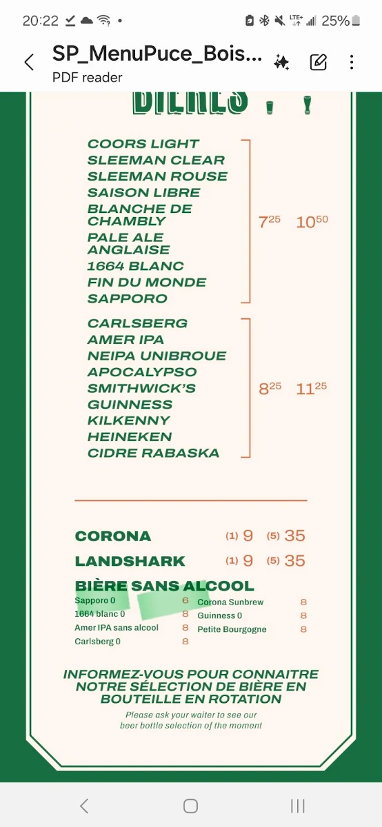 Menu, Pub St-Patrick