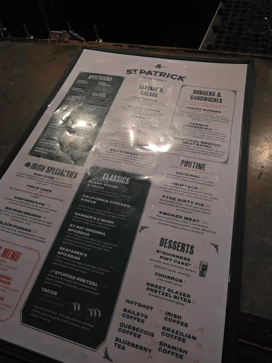 Menu, Pub St-Patrick