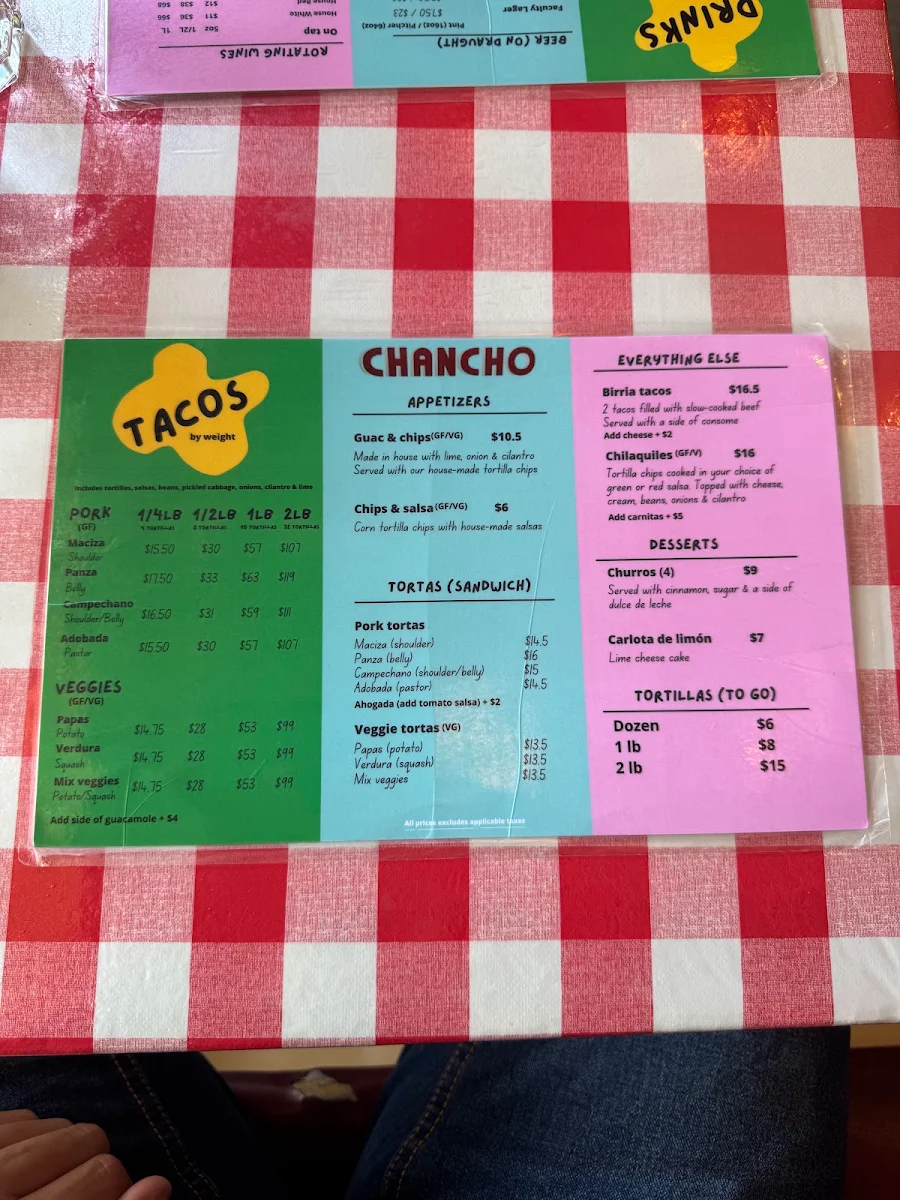 Menu, Chancho Tortilleria