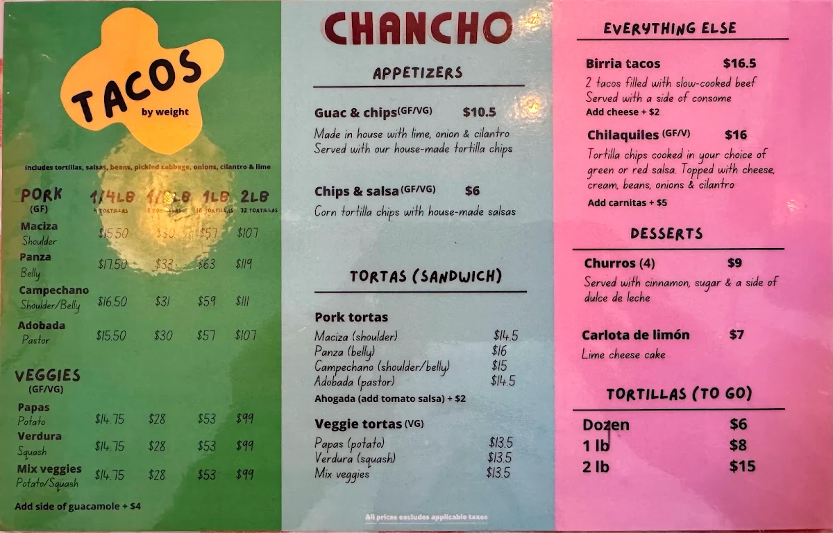 Menu, Chancho Tortilleria
