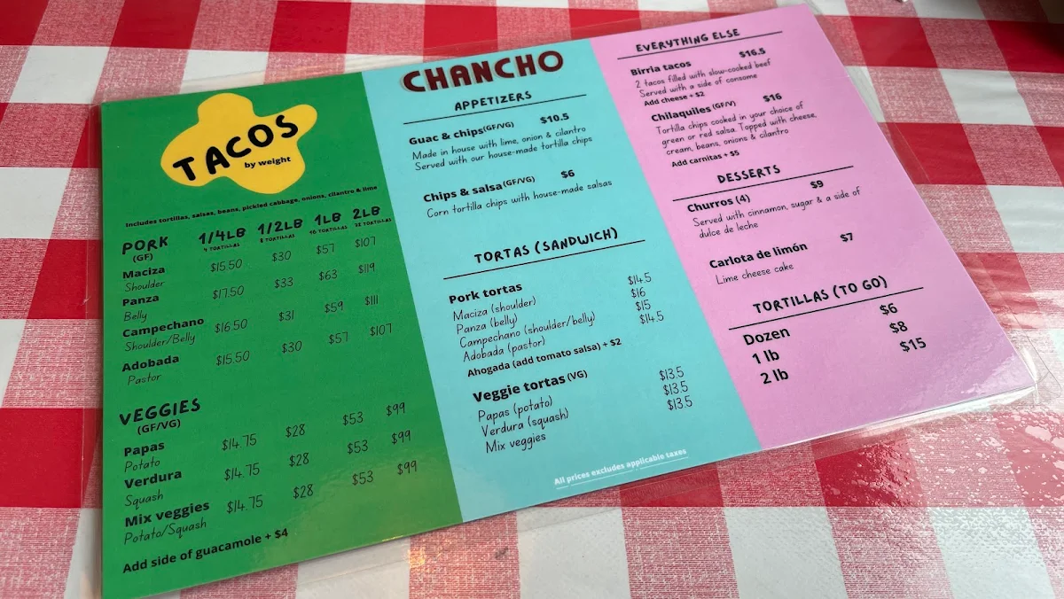 Menu, Chancho Tortilleria