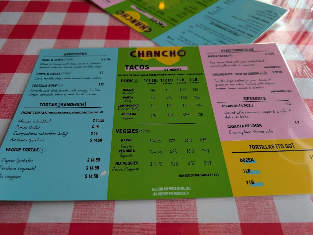 Menu, Chancho Tortilleria