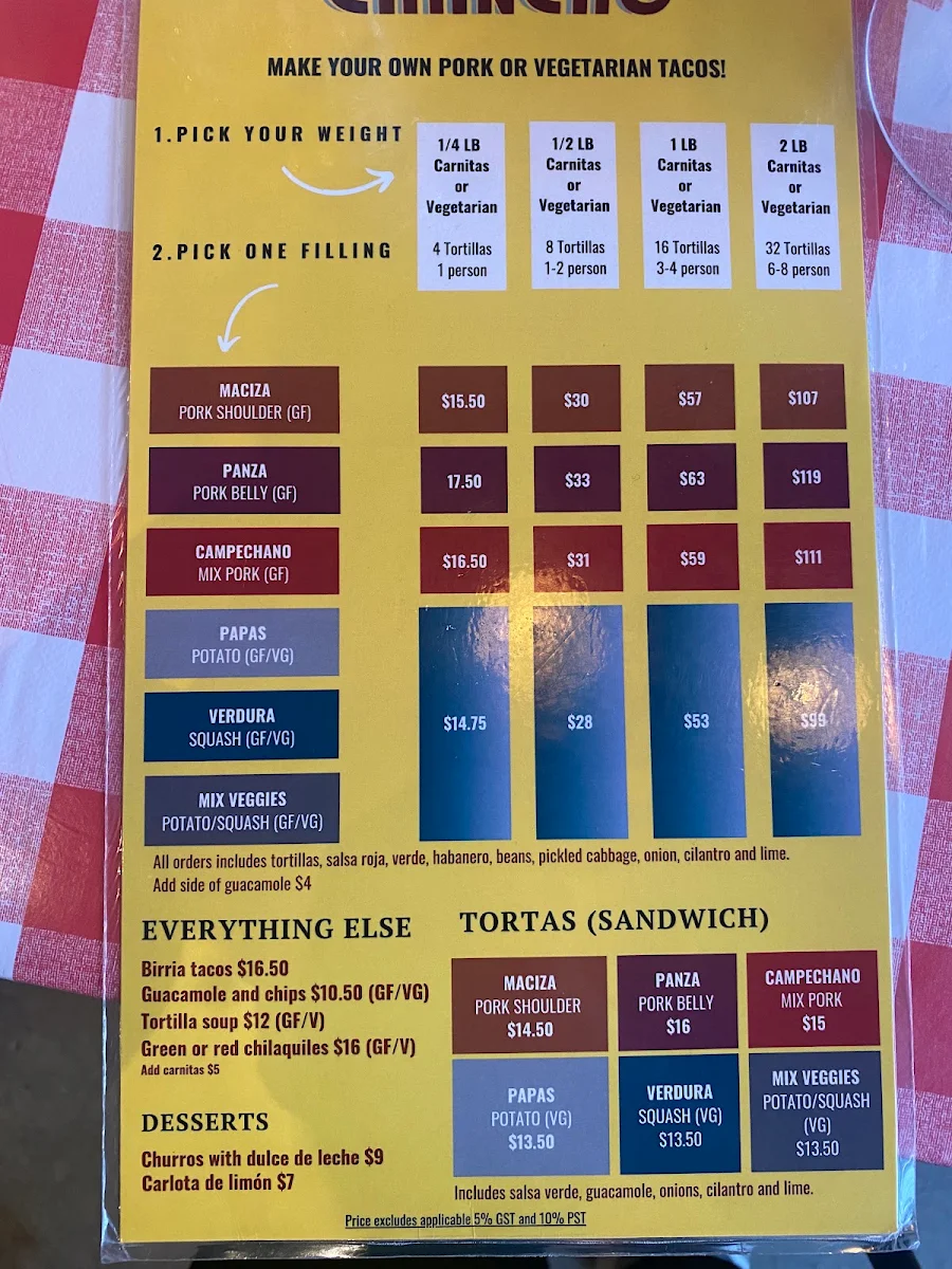 Menu, Chancho Tortilleria