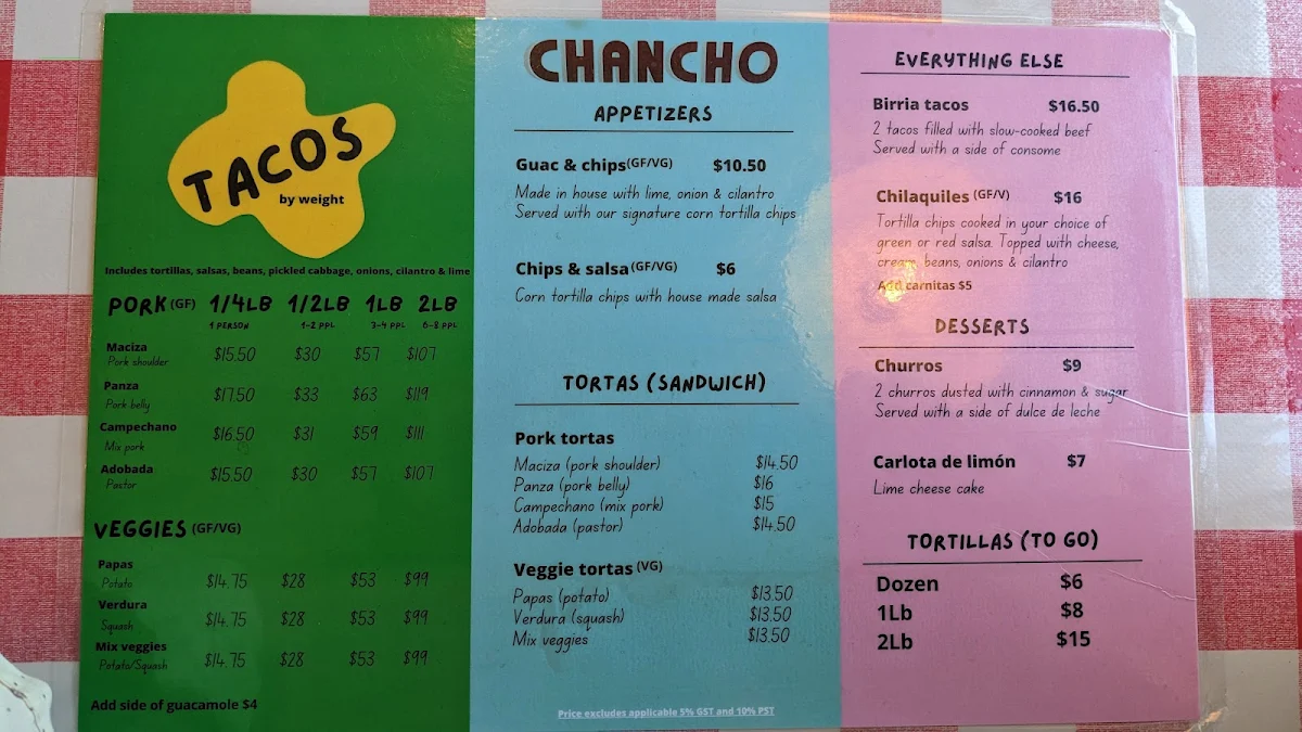 Menu, Chancho Tortilleria
