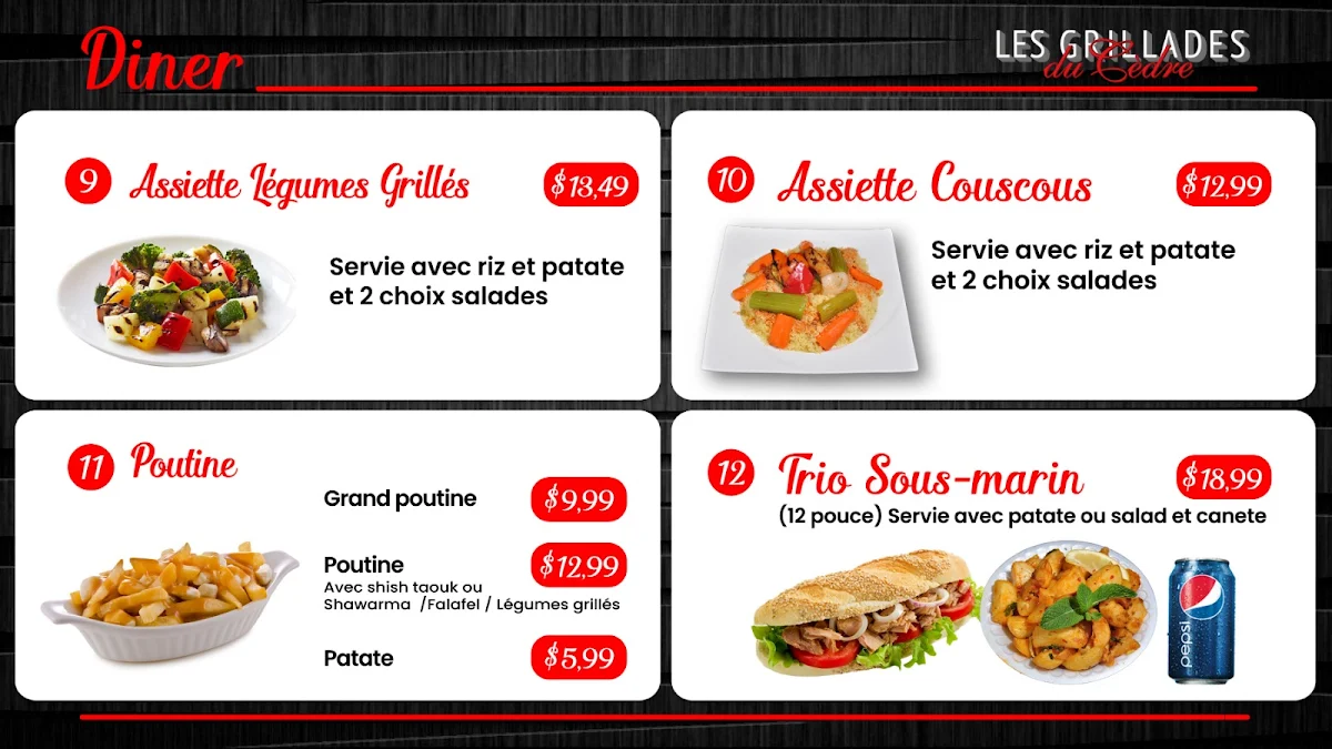 Menu, Les Grillades du Cèdre