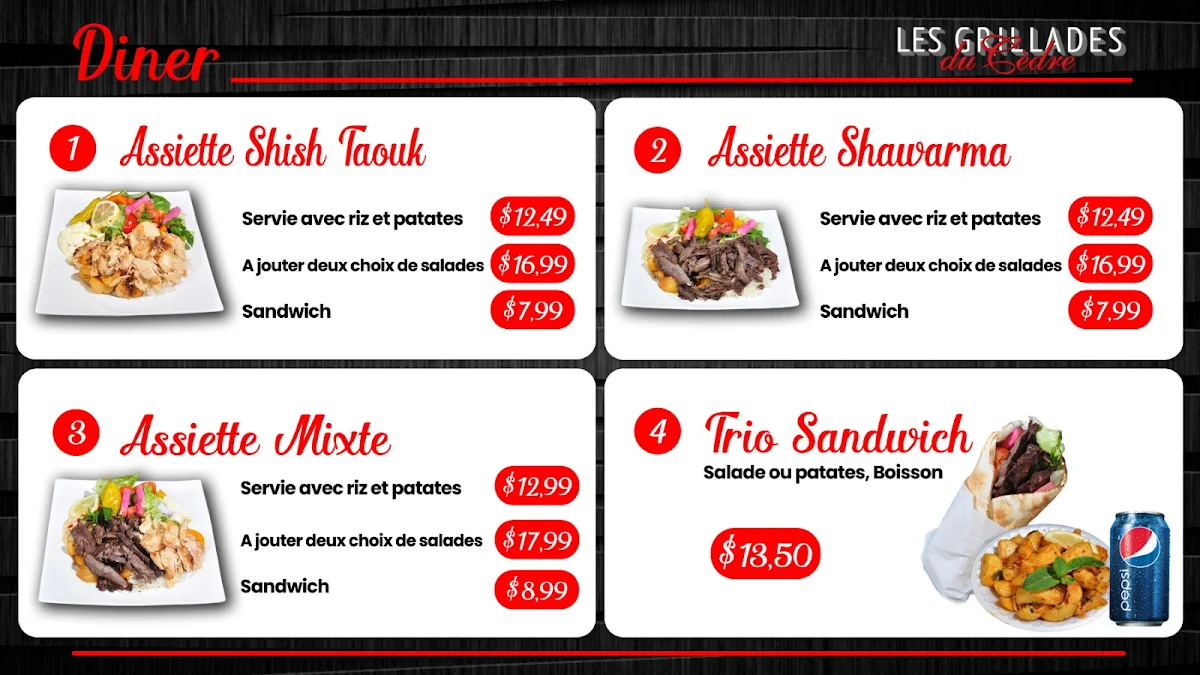 Menu, Les Grillades du Cèdre