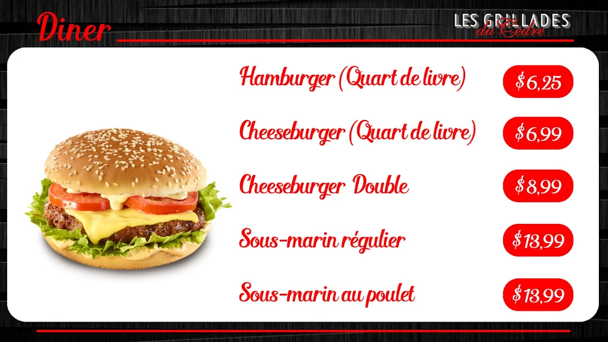 Menu, Les Grillades du Cèdre