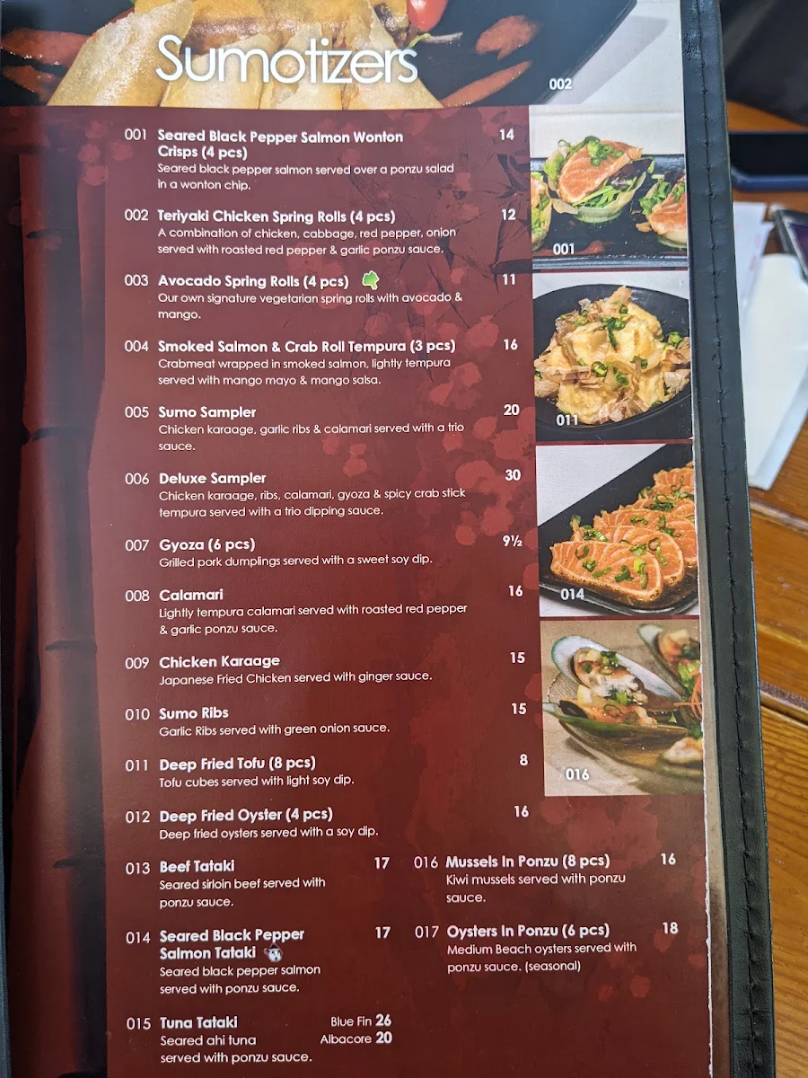 Menu, Sumo Sumo Sushi Bar & Grill