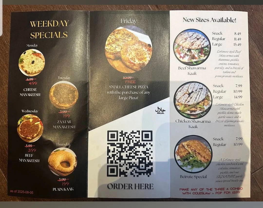 Menu, Lebanese Bakery