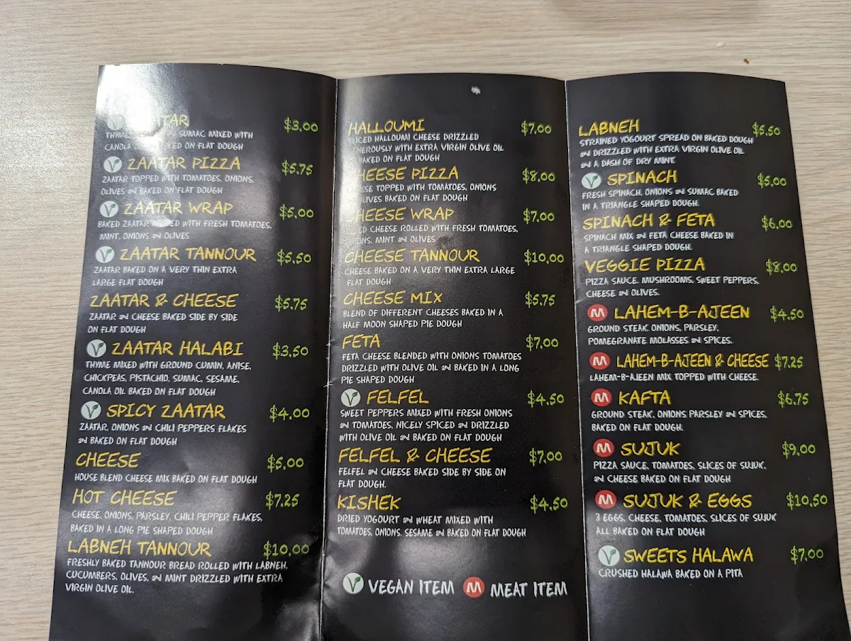Menu, Lebanese Bakery