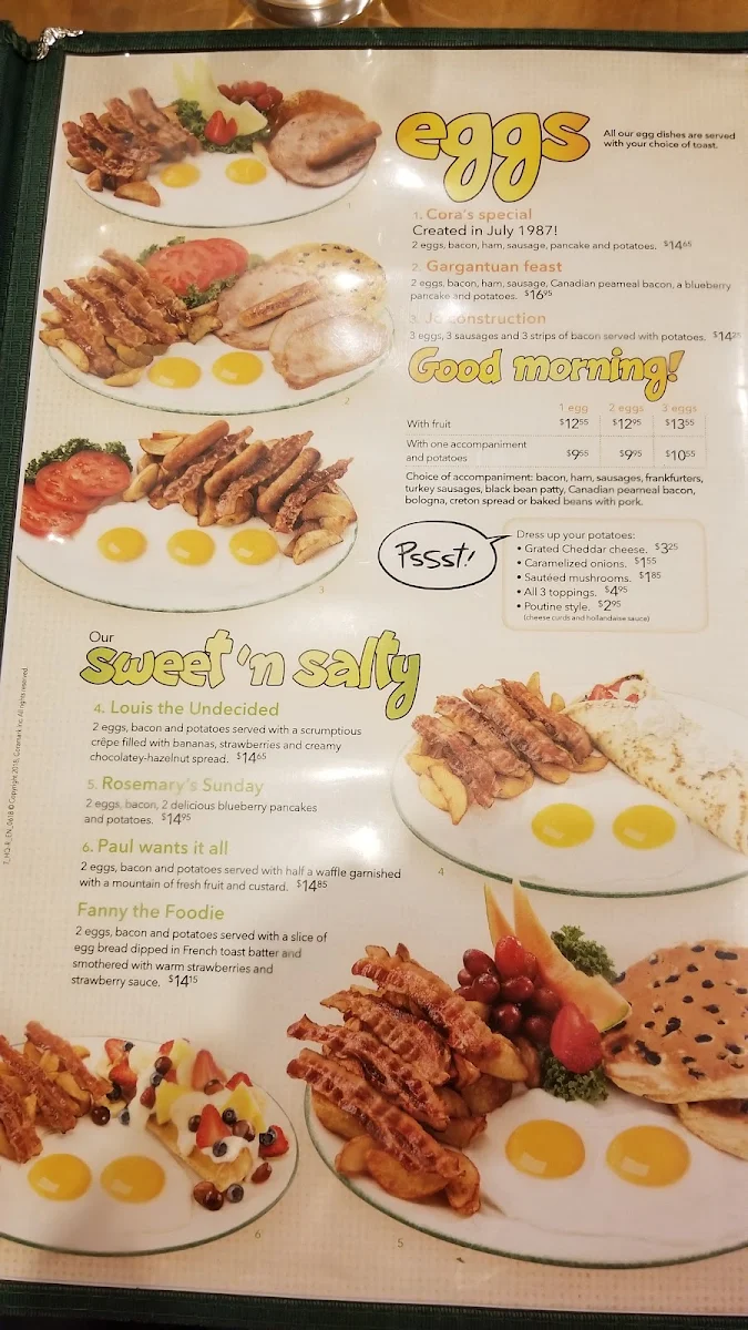 Menu, Cora Breakfast and Lunch Kensington