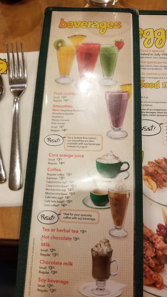 Menu, Cora Breakfast and Lunch Kensington