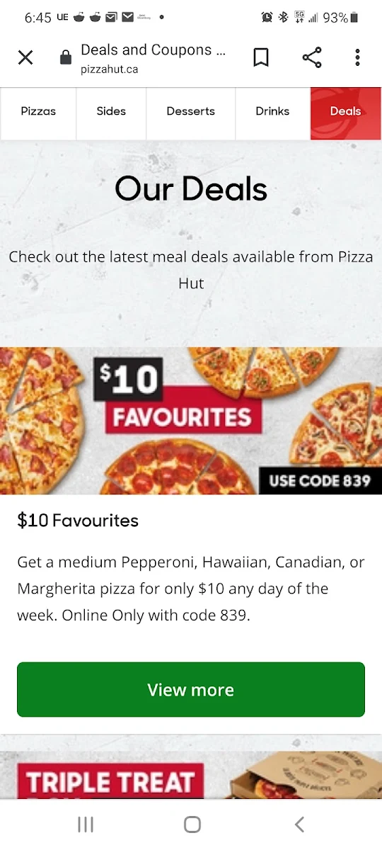 Menu, Pizza Hut