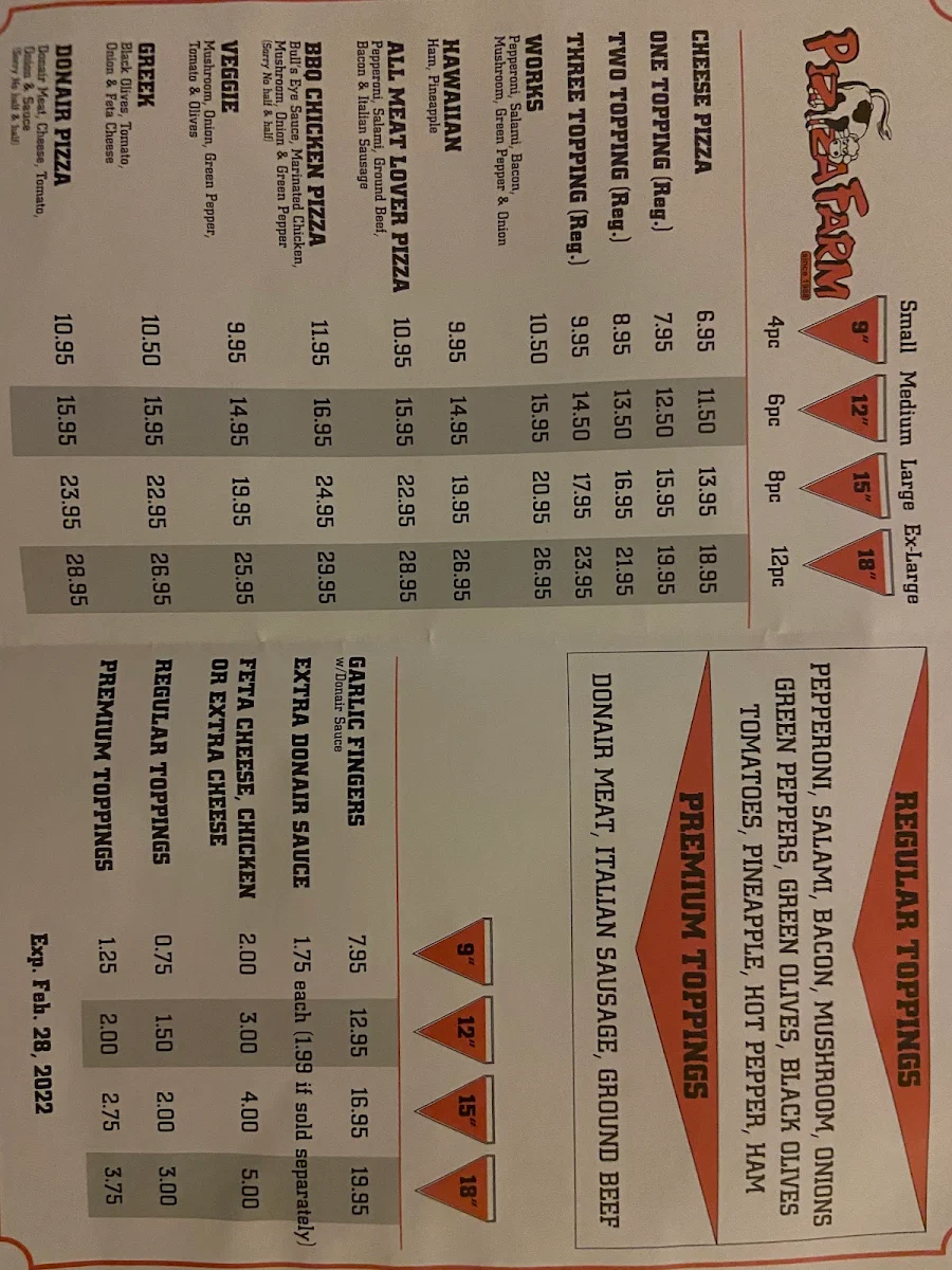 Menu, Pizza Farm