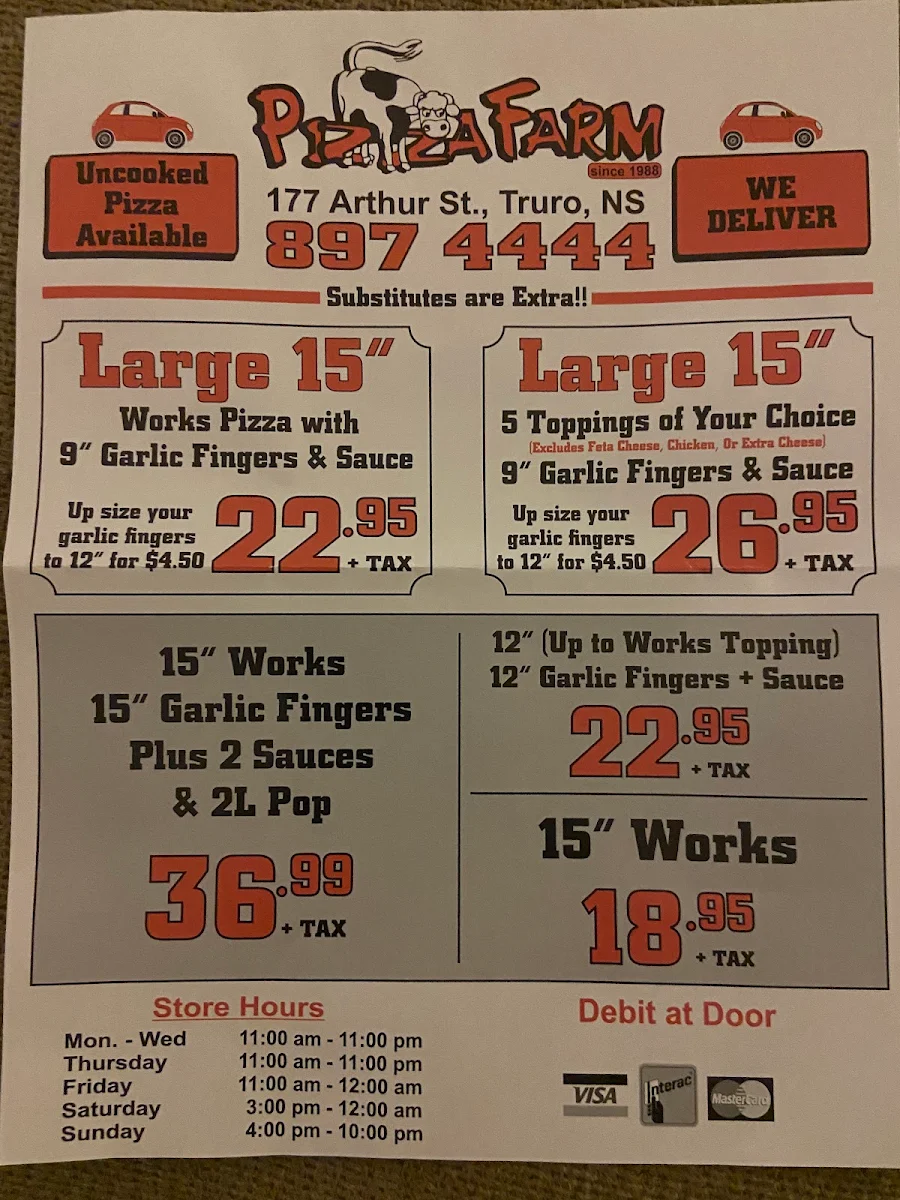Menu, Pizza Farm