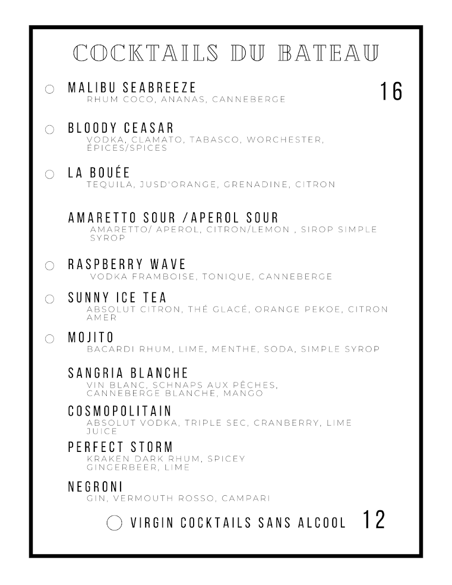 Menu, Canal Lounge