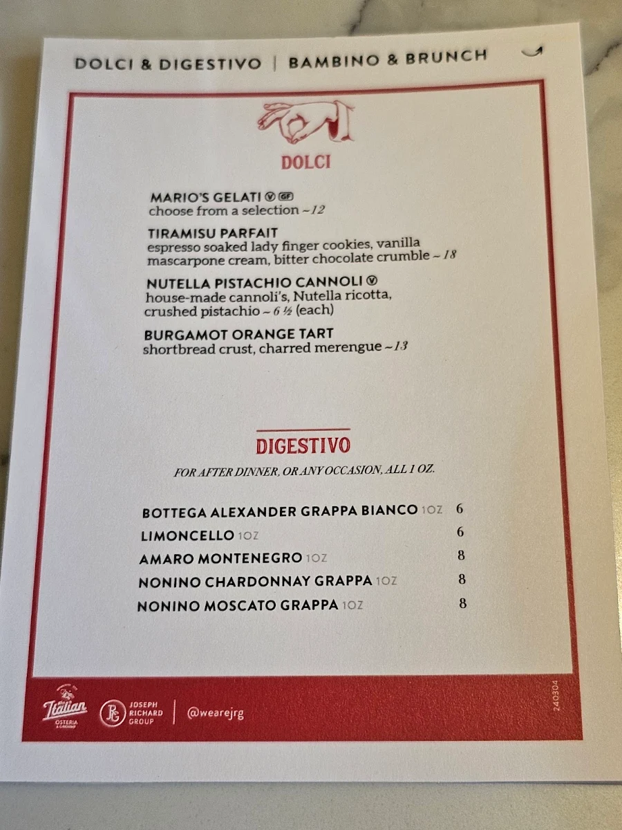 Menu, The Italian Osteria & Cheesebar