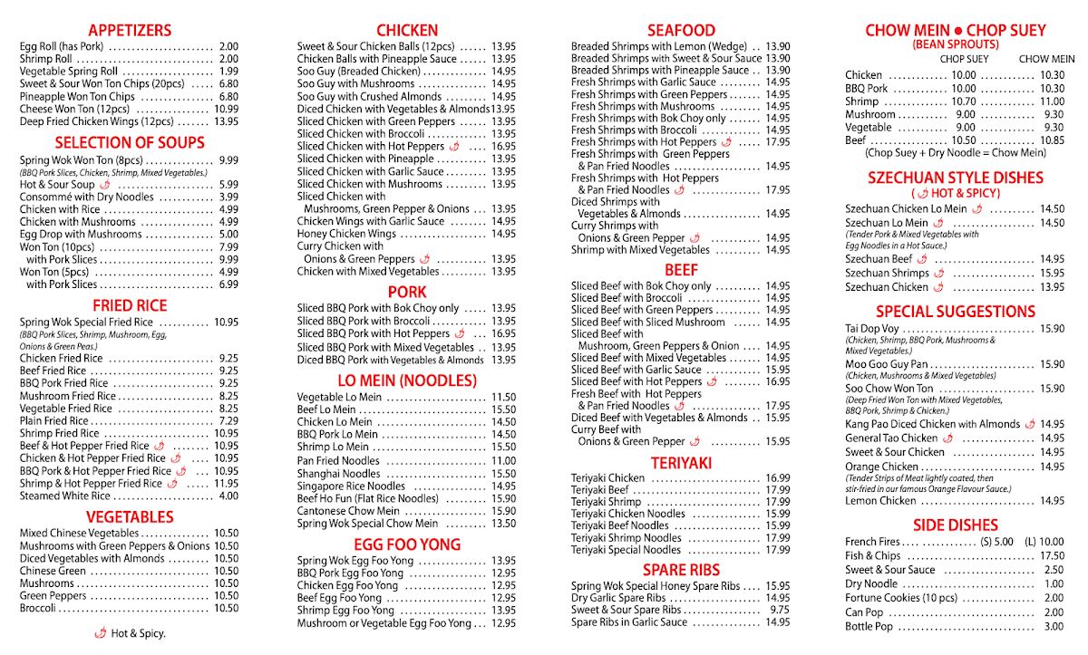 Menu, Spring Wok Express