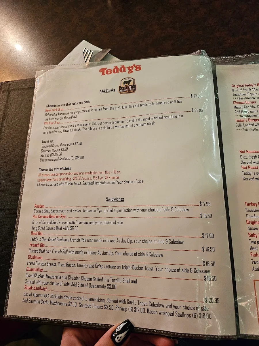 Menu, Teddy's Bar & Grill