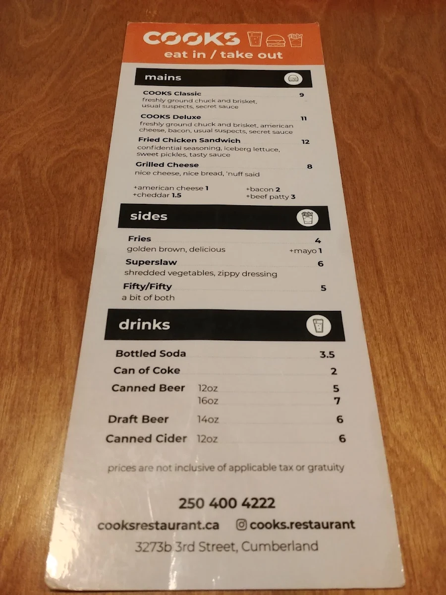 Menu, COOKS Restaurant