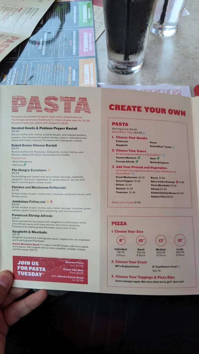 Menu, Boston Pizza