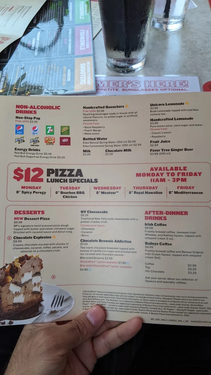 Menu, Boston Pizza