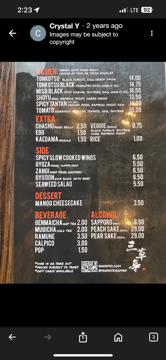 Menu, Sansotei Ramen Sainte-Catherine
