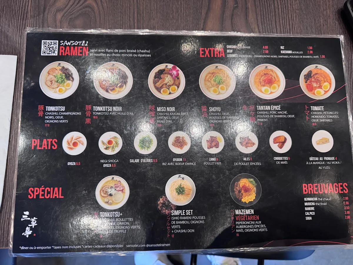 Menu, Sansotei Ramen Sainte-Catherine