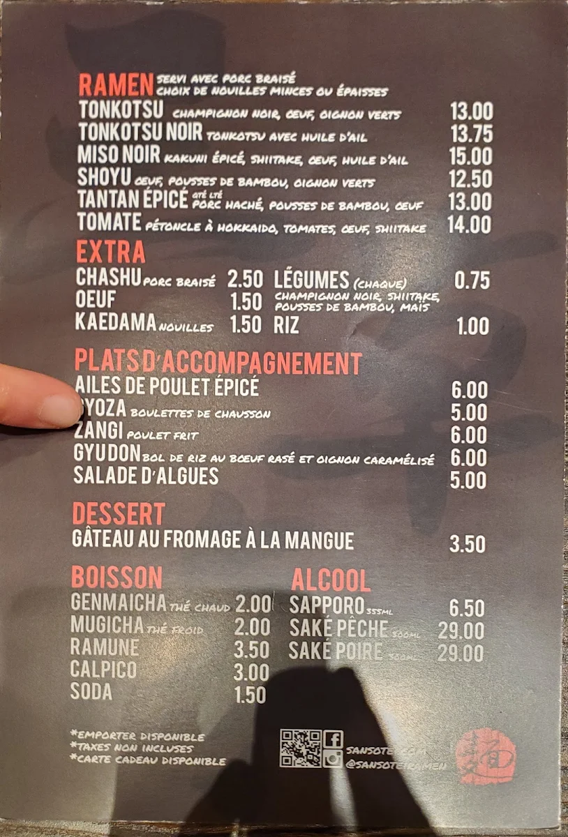 Menu, Sansotei Ramen Sainte-Catherine
