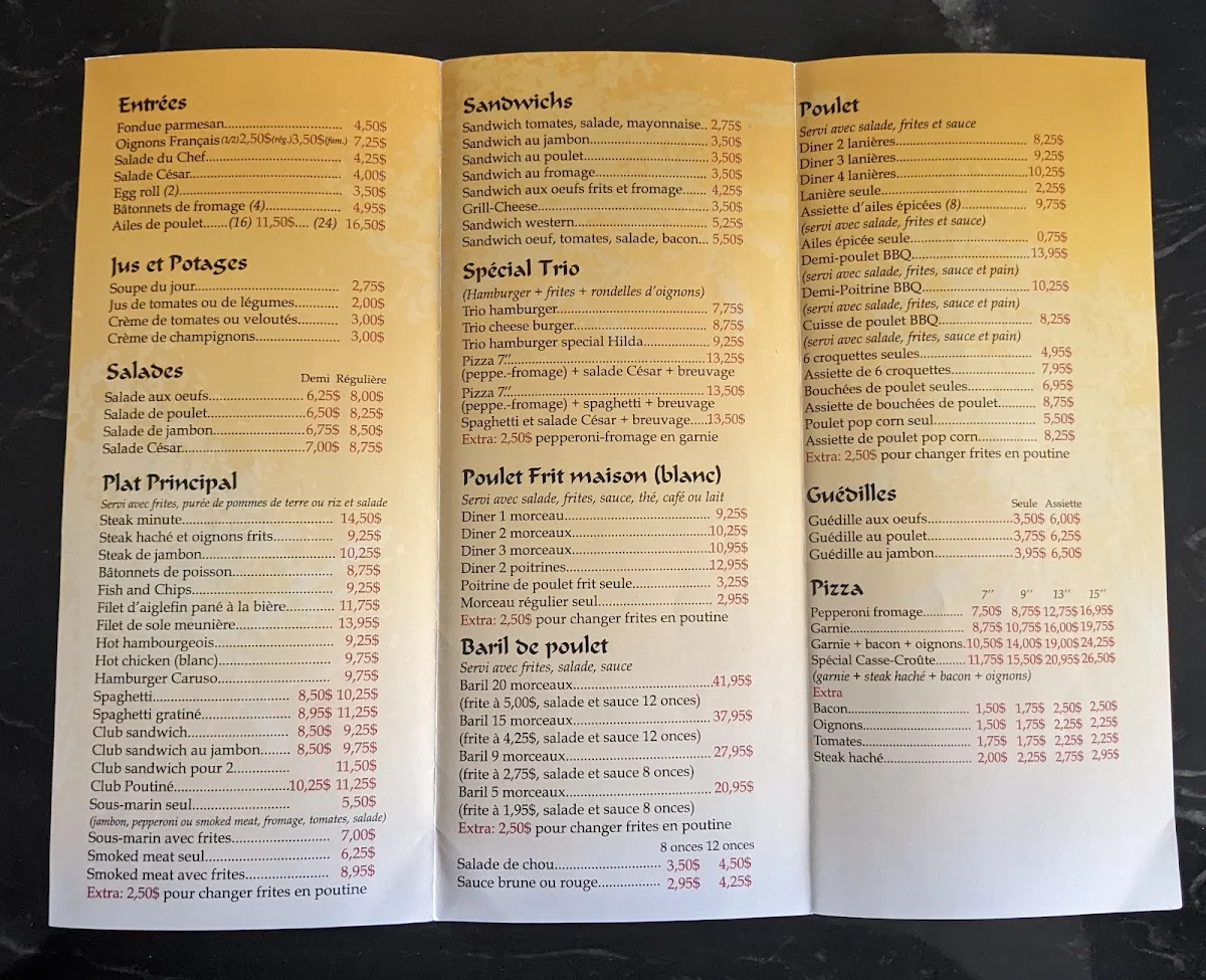 Menu, Casse-Croute Chez Hilda