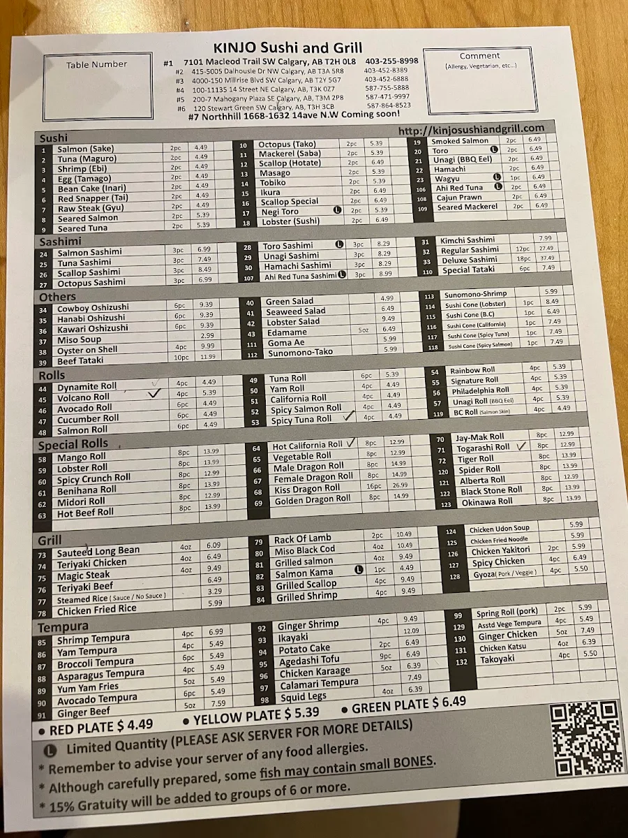Menu, Kinjo Sushi & Grill