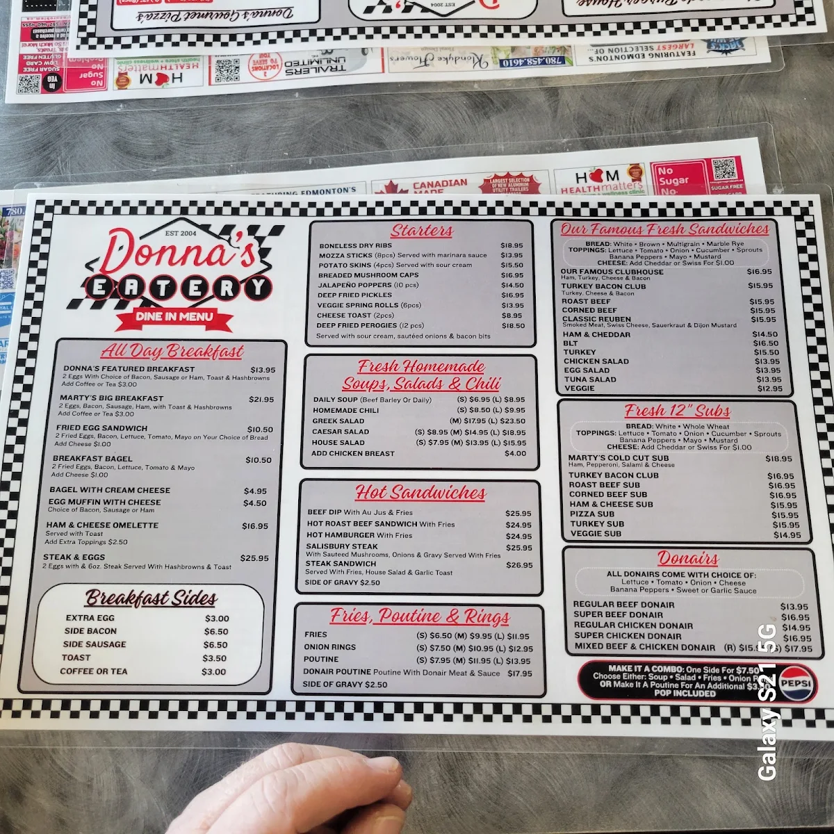 Menu, Donna's Eatery