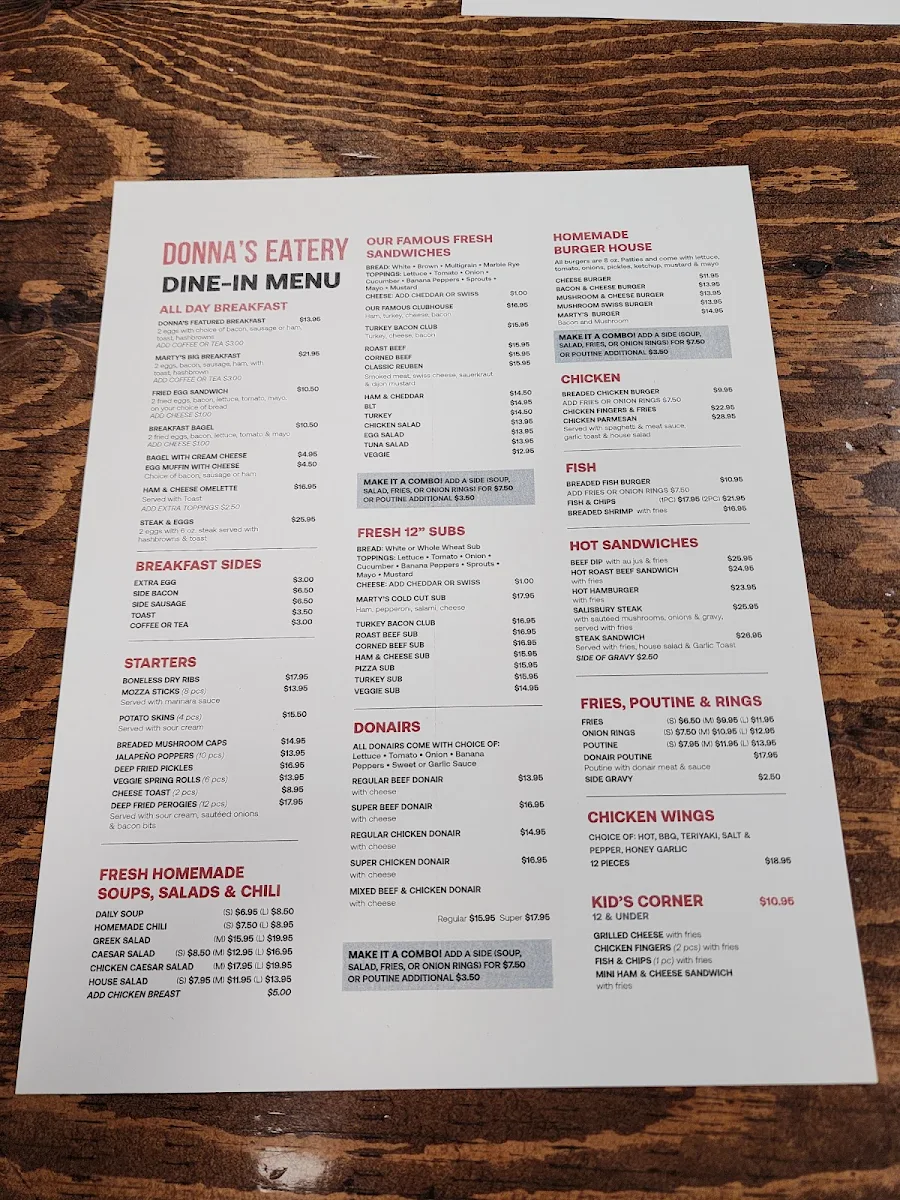 Menu, Donna's Eatery