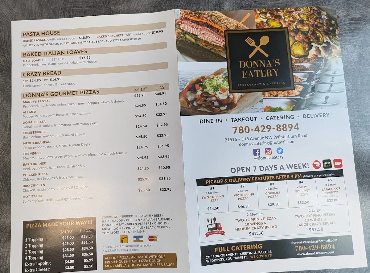 Menu, Donna's Eatery