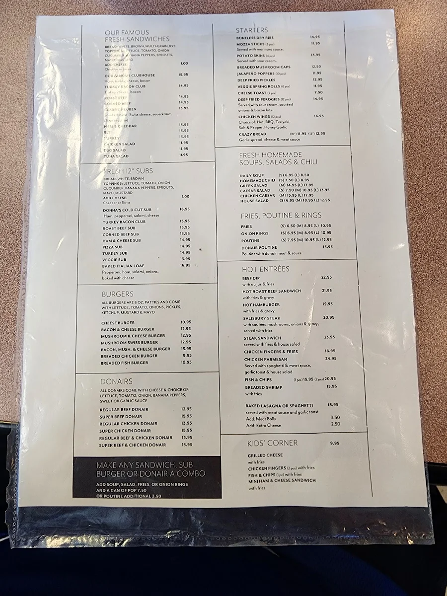 Menu, Donna's Eatery