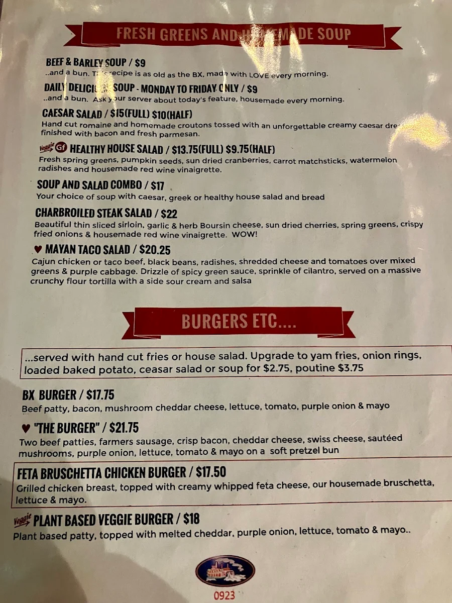 Menu, B X Neighbourhood Pub