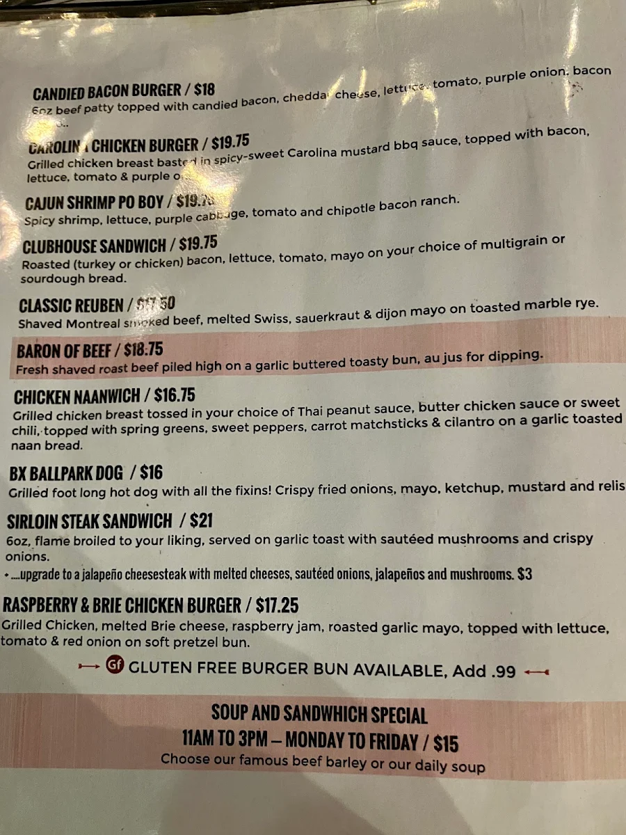 Menu, B X Neighbourhood Pub