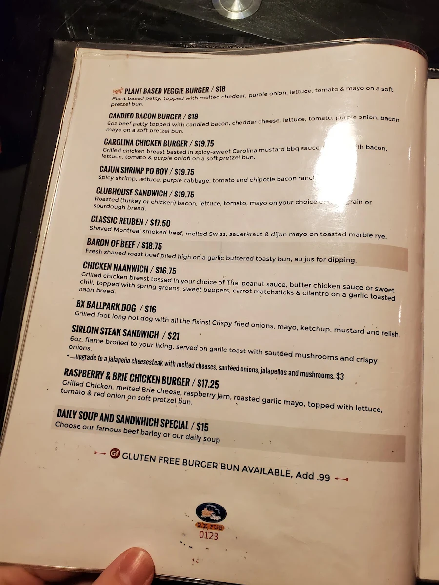 Menu, B X Neighbourhood Pub