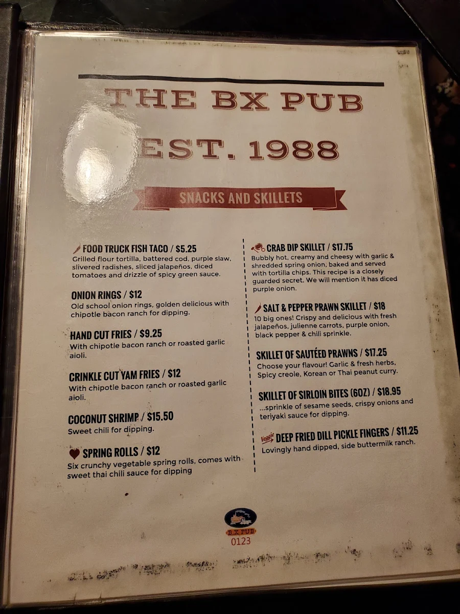 Menu, B X Neighbourhood Pub