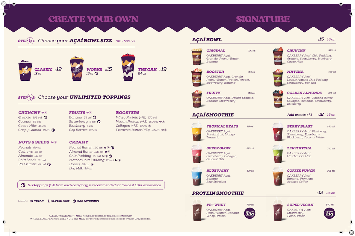 Menu, OAKBERRY Açaí Bowls & Smoothies
