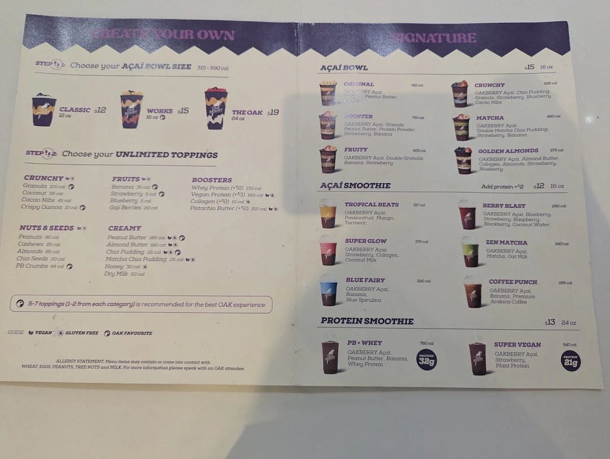 Menu, OAKBERRY Açaí Bowls & Smoothies