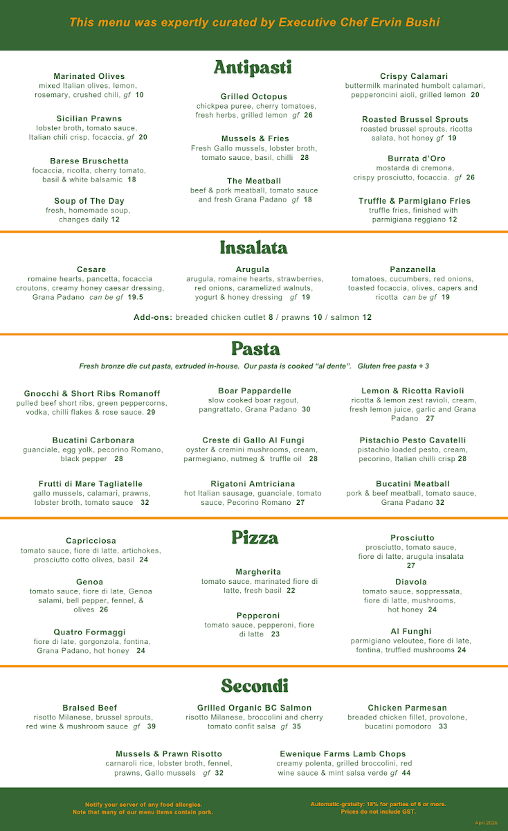 Menu, Lusi YYC Italian Kitchen & Pizzeria