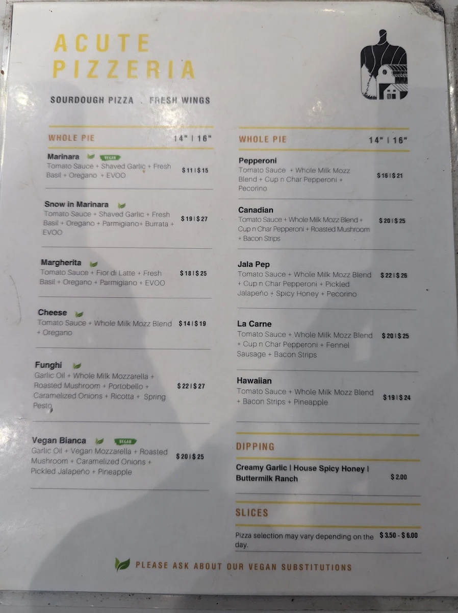 Menu, Acute Pizzeria