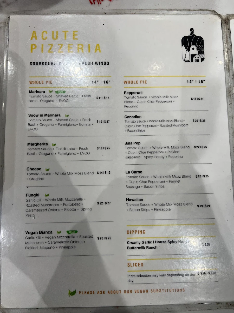 Menu, Acute Pizzeria